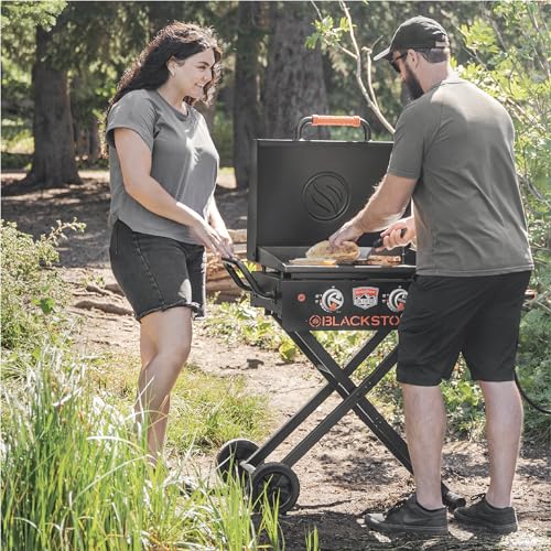 Image of BLACKSTONE 22 inch On The Go Scissor-Leg Griddle with Two Burners -Stainless Steel Gas Griddle with Hood, Wheels, Side Shelf -Heavy Duty Outdoor Stainless Steel Griddle for Backyard, Patio Camping -1935