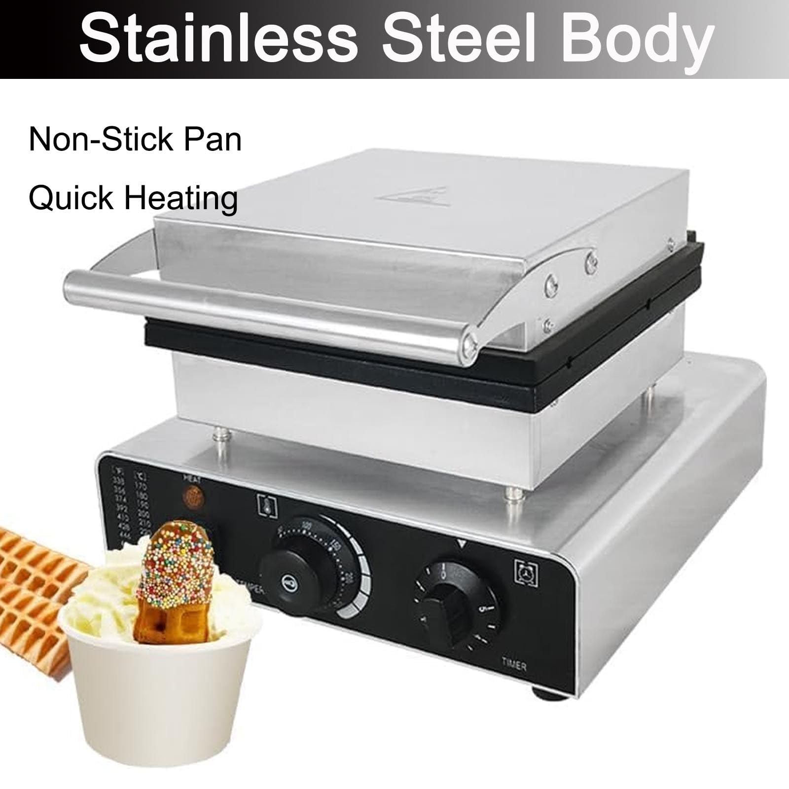 Gaufrier éLectrique 1750W, Machine à Gaufres, Moule en Fonte AntiadhéSif en Pin, Gaufrier Commercial pour BâTonnets De Sucettes, Plaques - TempéRature 50-250 ℃ / Minuterie 5 Min Black