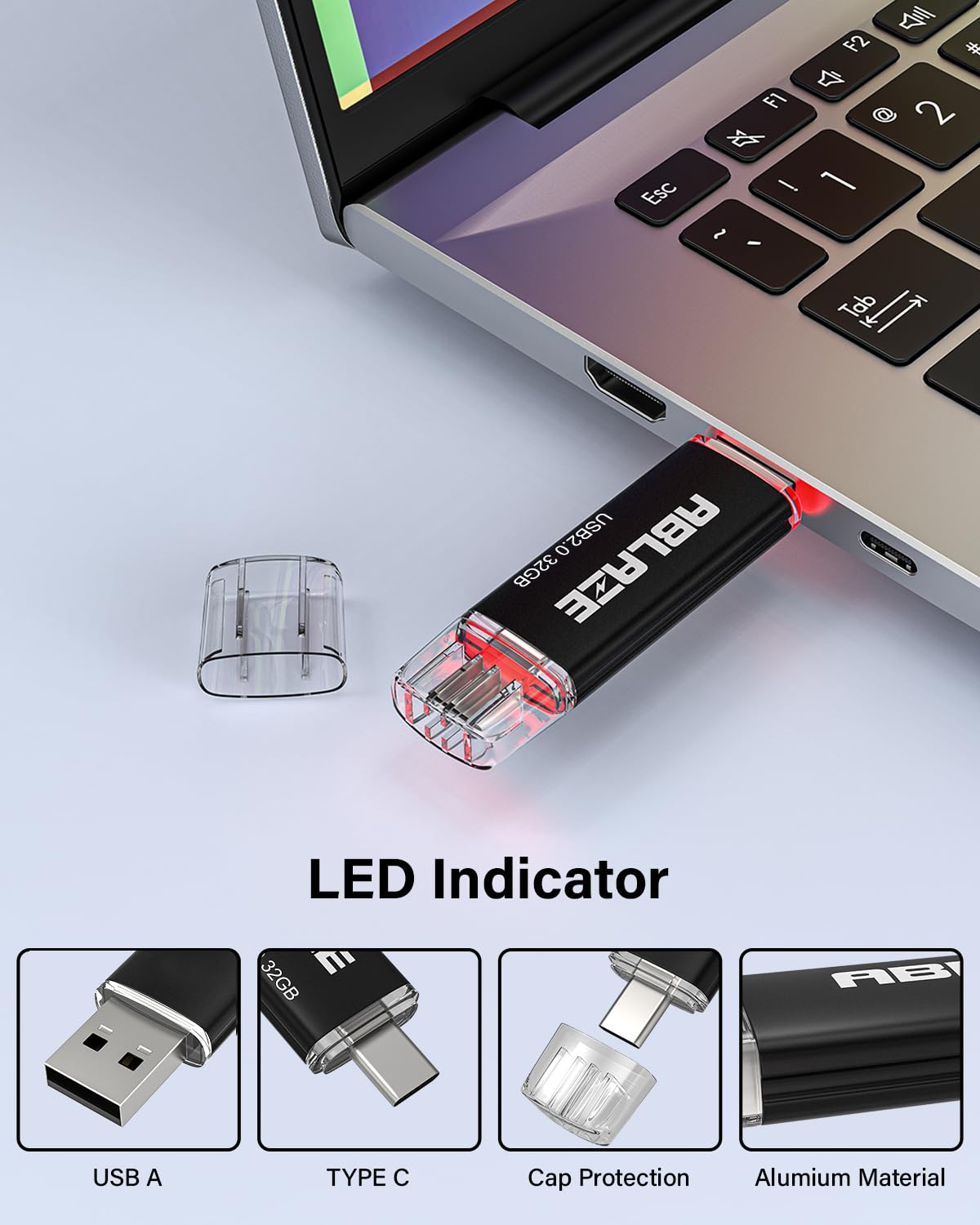 ABLAZE Chiavetta USB 2.0+USB C da 32 GB, confezione da 10 | Compatibile con iPhone 17/16/15, smartphone Android, computer, tablet, Mac, laptop, 5 colori misti