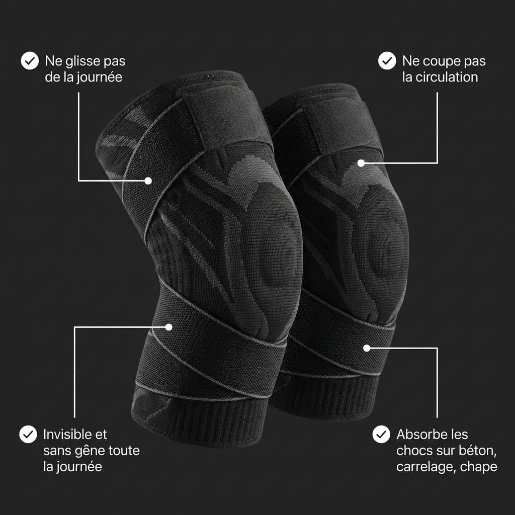 Flexi Pro Genouillère,Soutien Léger Tissu Respirant Compression Ajustable pour le Sport, La Marche Ou Le Travail Facile À Enfiler Lavable en Machine (Noir, L)