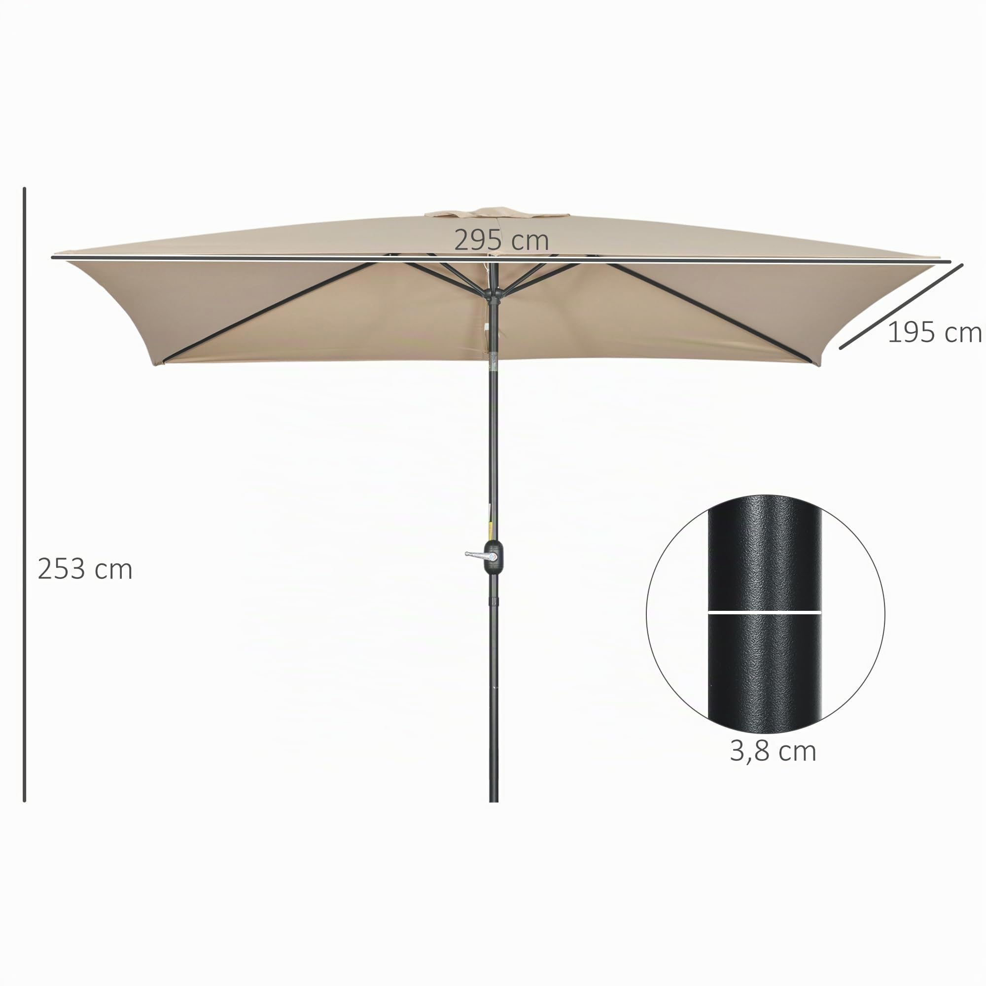Outsunny Sombrilla de Aluminio 200x300x253 cm Inclinable Manivela Caqui | Parasol Rectangular de Jardín, Poste Desmontable, para Terraza Piscina Patio Exterior