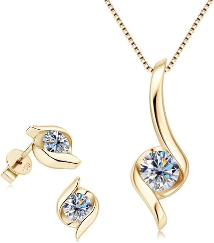 Moissanite & 925 Sterling Silver Jewelry Set - Round Cut Halo Pendant 1 Carat & Matching Earrings 0.5 Carat - Hypoallergenic - Certified - Premium Leather Gift Box Included