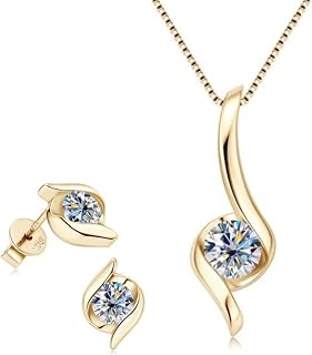 Moissanite & 925 Sterling Silver Jewelry Set - Round Cut Halo Pendant 1 Carat & Matching Earrings 0.5 Carat - Hypoallergenic - Certified - Premium Leather Gift Box Included