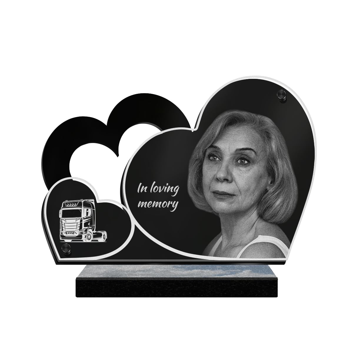 ETERNEL - Personalized Double Heart Truck Memorial Plaque with Customizable Photo and Text, laser-engraved memorial plaque for tribute, cemetery plaque, mortuary, commemoration, mourning