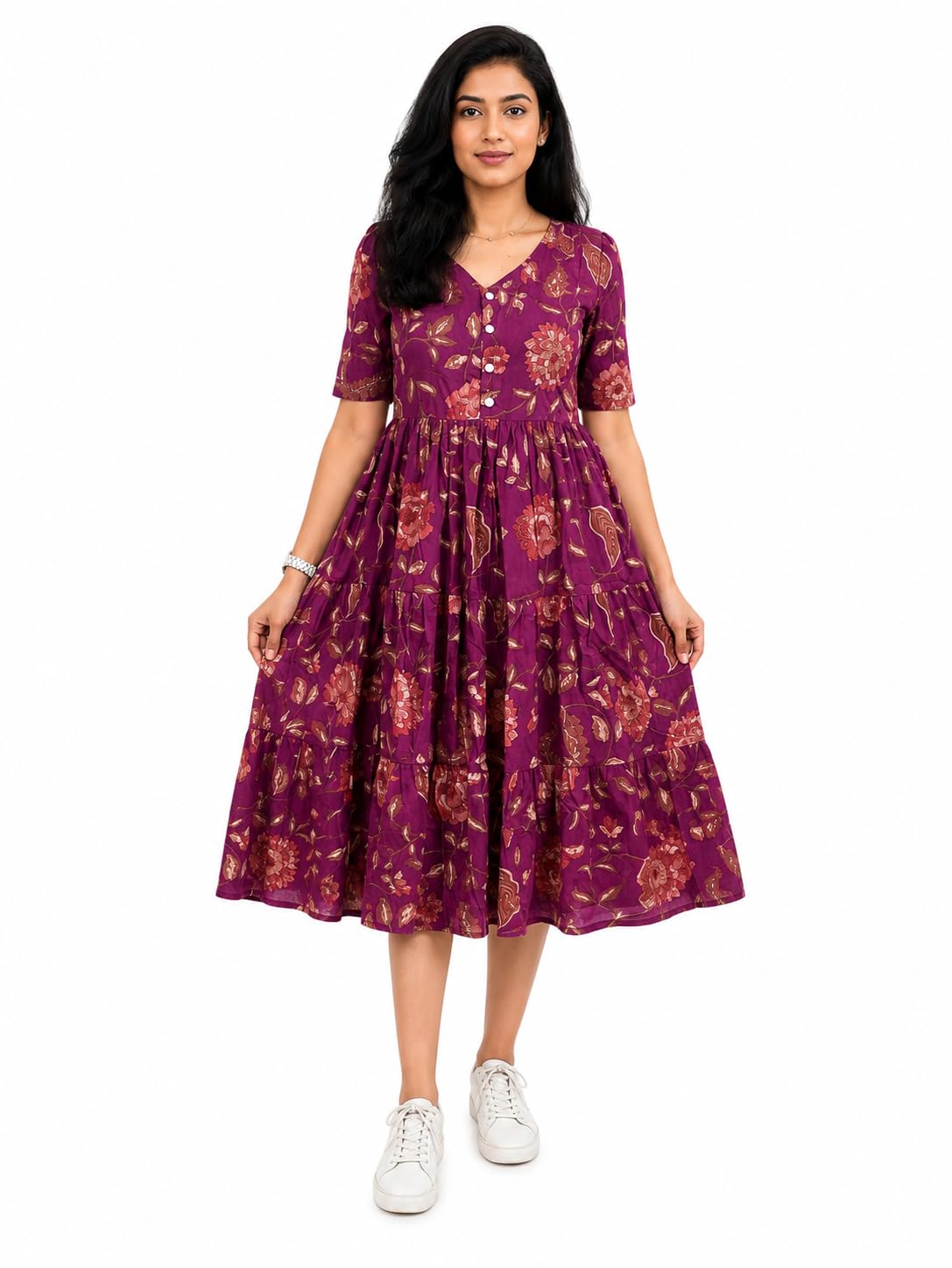 Women’s Rayon Floral Printed Midi Dress | Casual Fit & Flare One Piece Dress for Women | Stylish Short Sleeve Western Dress-picture-31