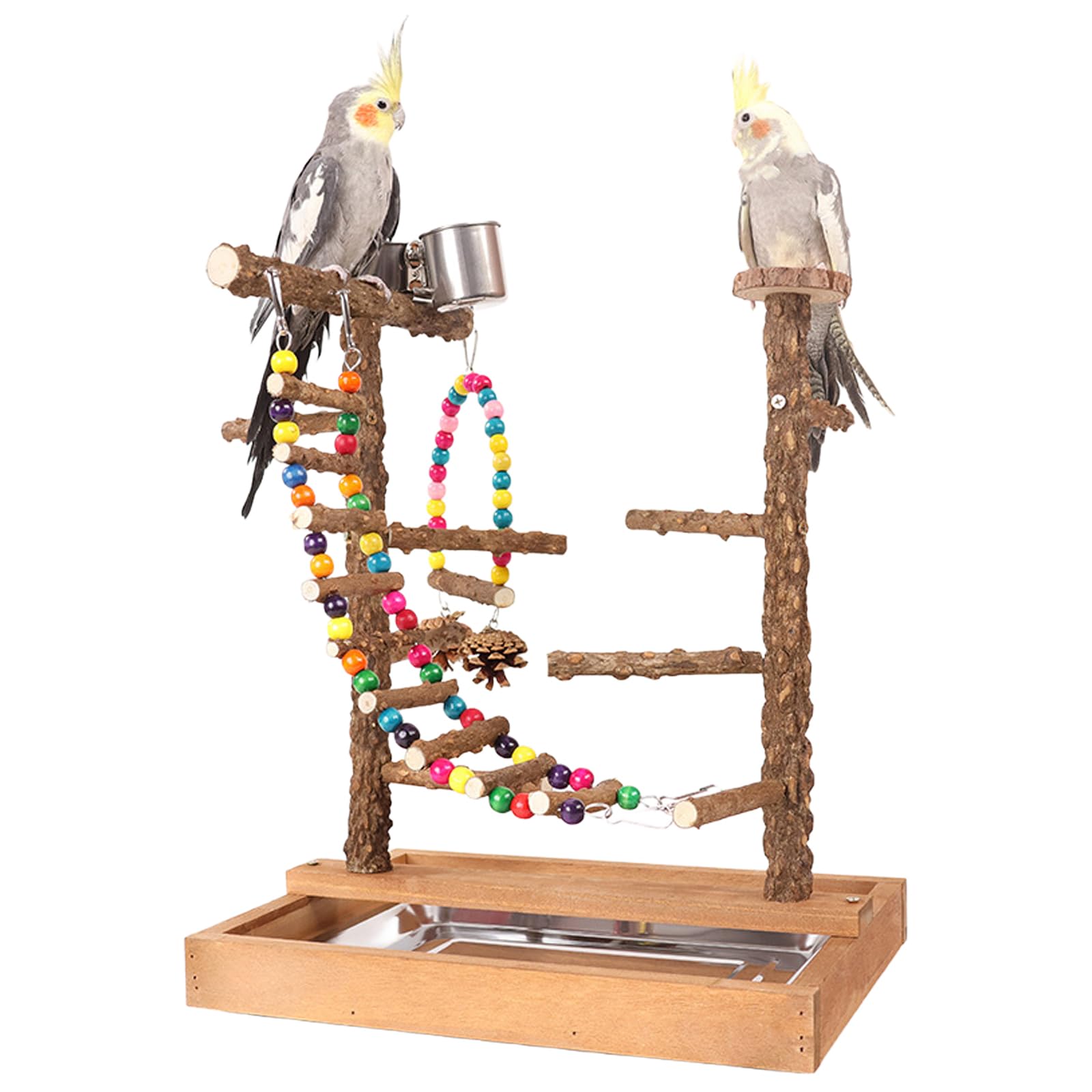 Jouets à mâcher pour oiseaux sur grand perchoir en bois naturel avec tasses en inox