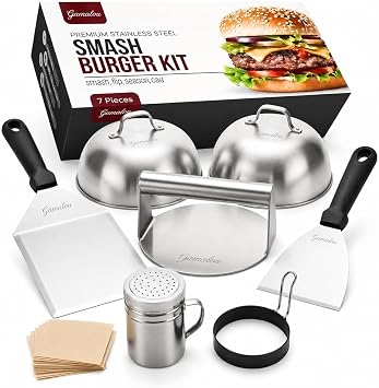 Gamalou 7 Pcs Smash Burger Press Kit Stainless Steel Burger Smasher, 6x5" Spatula, 4" Scraper, 2 Melting Domes, Seasoning Shaker, Egg Ring, Griddle Accessories for Blackstone, Grill, Frying Pan