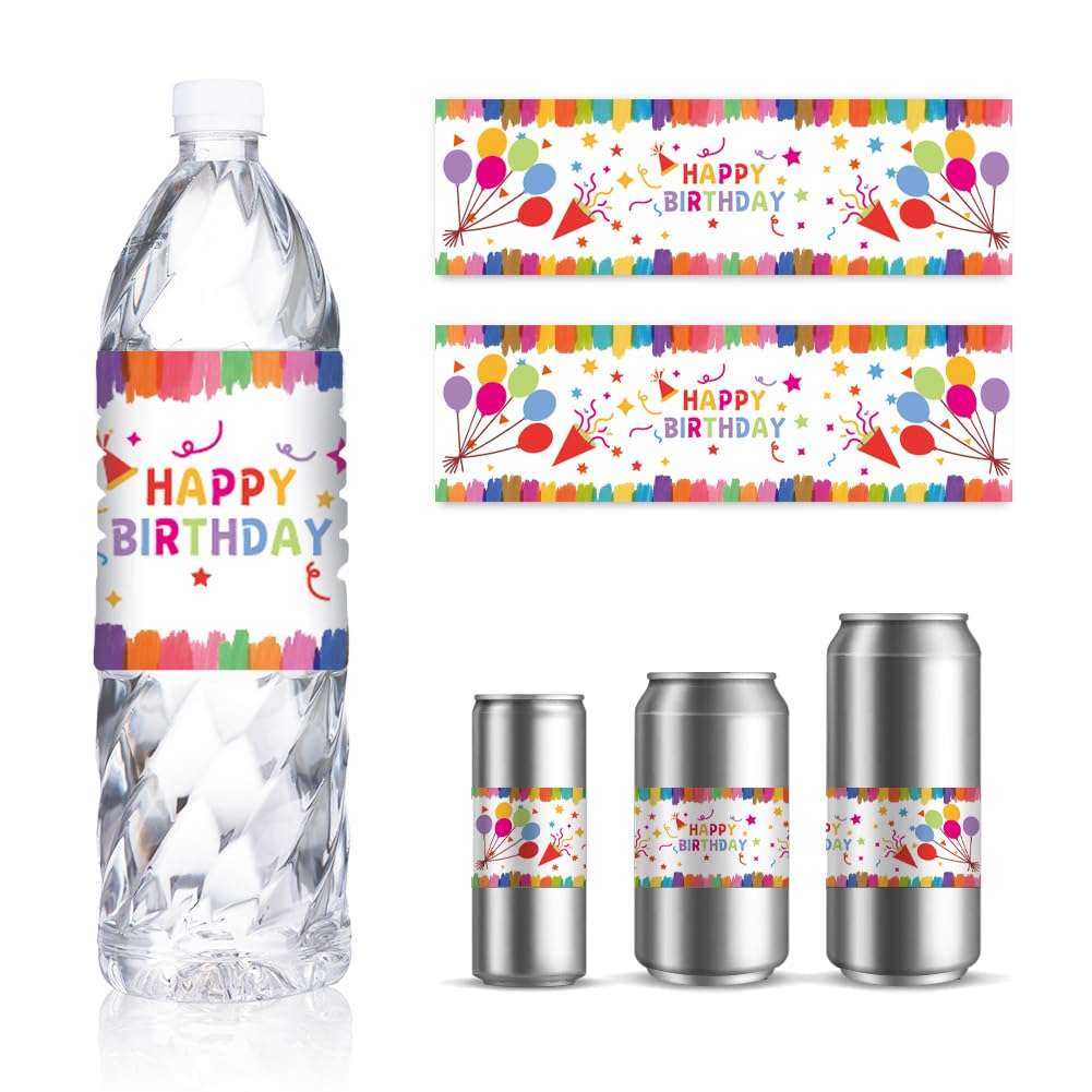 GOMAKERER 30 Sheets Birthday Water Bottle Labels, Colourful Balloons Drinking Water Container Labels Personalized Self-Adhesive Wraps Sticker for Birthday Party Decoration, 8.5x2.5 Inches