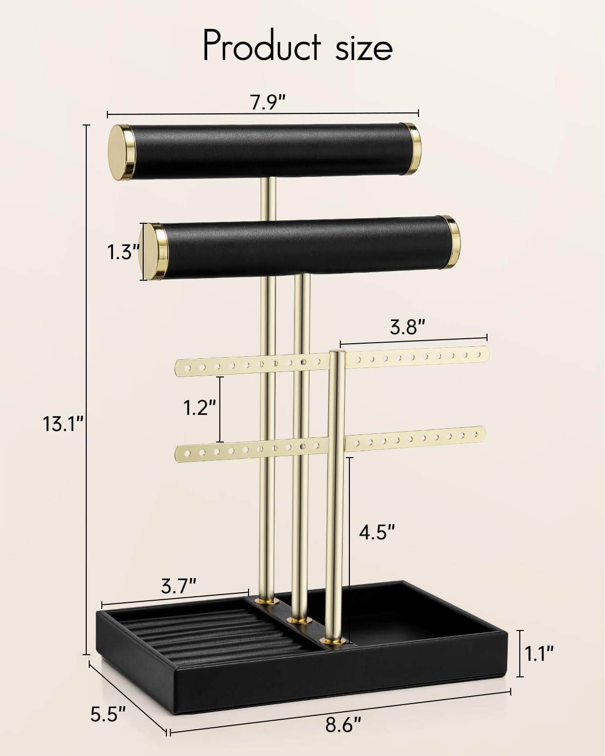 Vlando 3 Tier Necklace Holder Organizer with Tray, Leather Bracelet Holder Display for Women, Gold Jewelry Stand for Bracelet, Necklace, Earrings, Rings - Black - Image 7