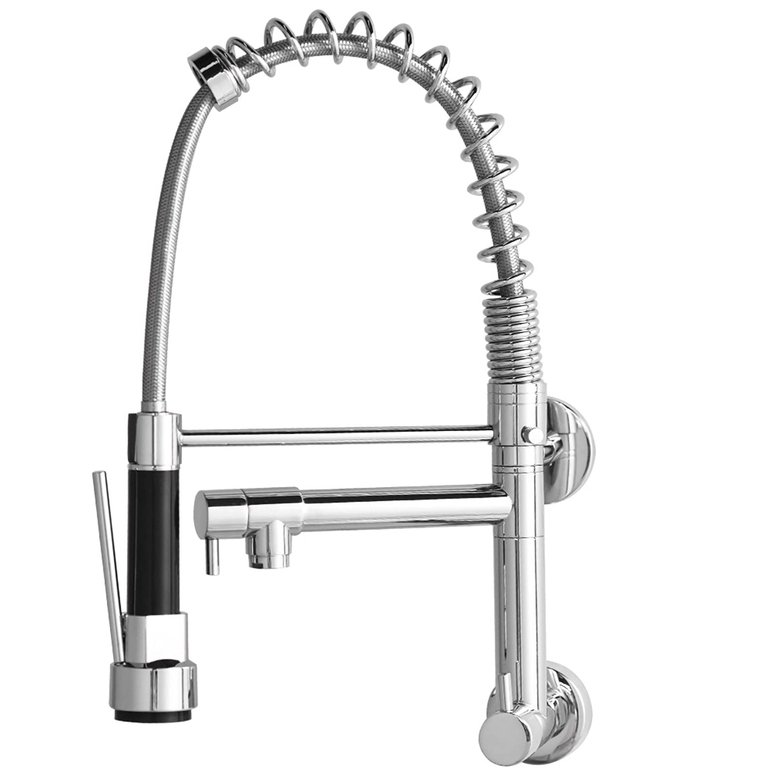 Grifo para fregadero de cocina con rociador extraíble, grifo para fregadero de cocina giratorio de 360° de arco alto montado en la pared con doble caño, grifo mezclador de cocina de una manija de lató