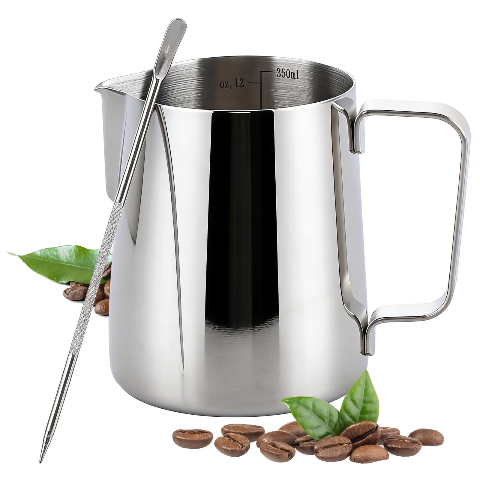 Lychico Silver Milk Frothing Pitcher, 350Ml/12Oz 304 Stainless Steel Coffee Jug With Measurement Marks & Latte Art Pen, Ideal For Crafting Latte Art, Cappuccino, Perfect For Home Baristas & Coffee Enthusiasts