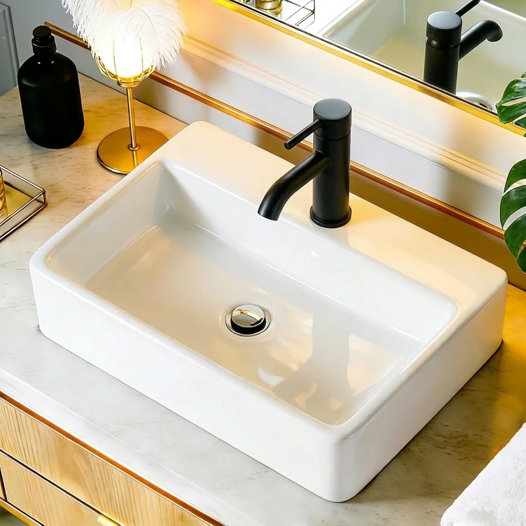 NUESTRA VIDA Lavabo sobre encimera de cerámica blanco, diseño rectangular y compacto (40x29.5x12 cm), incluye orificio para grifo, ideal para baños pequeños y aseos