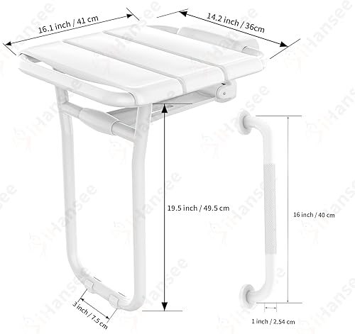 Miniatura 6 de Asiento de ducha plegable montado en la pared, capacidad de 500 libras, banco de ducha de acero inoxidable de 14 x 16 pulgadas con barra de agarre