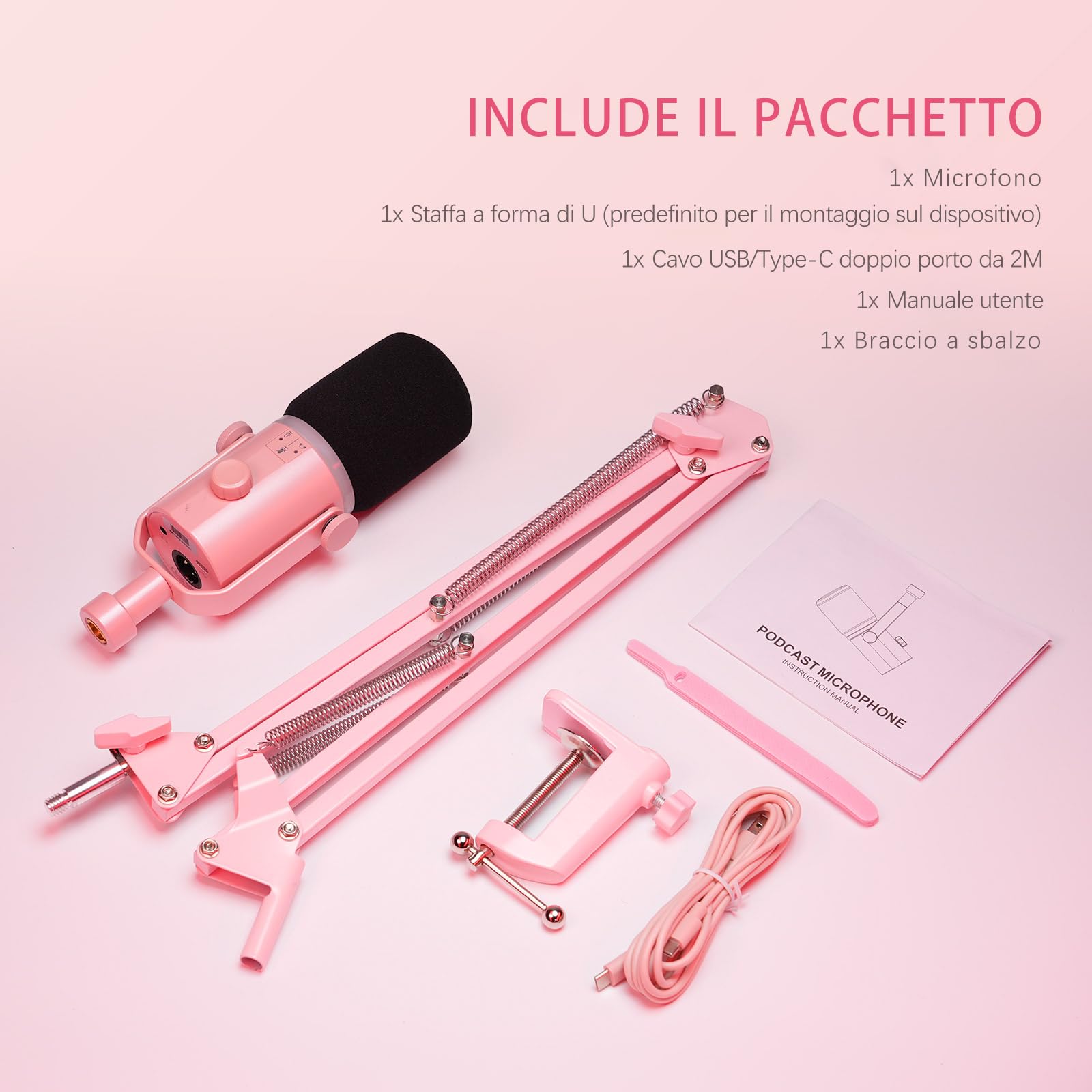 FEELWORLD PM1-AS USB/XLR Micro Gaming Streaming (per PC PS4 PS5), RGB Dynamic Iris Microphone, Pink with Stand, for Gaming, Podcasting, Broadcasting