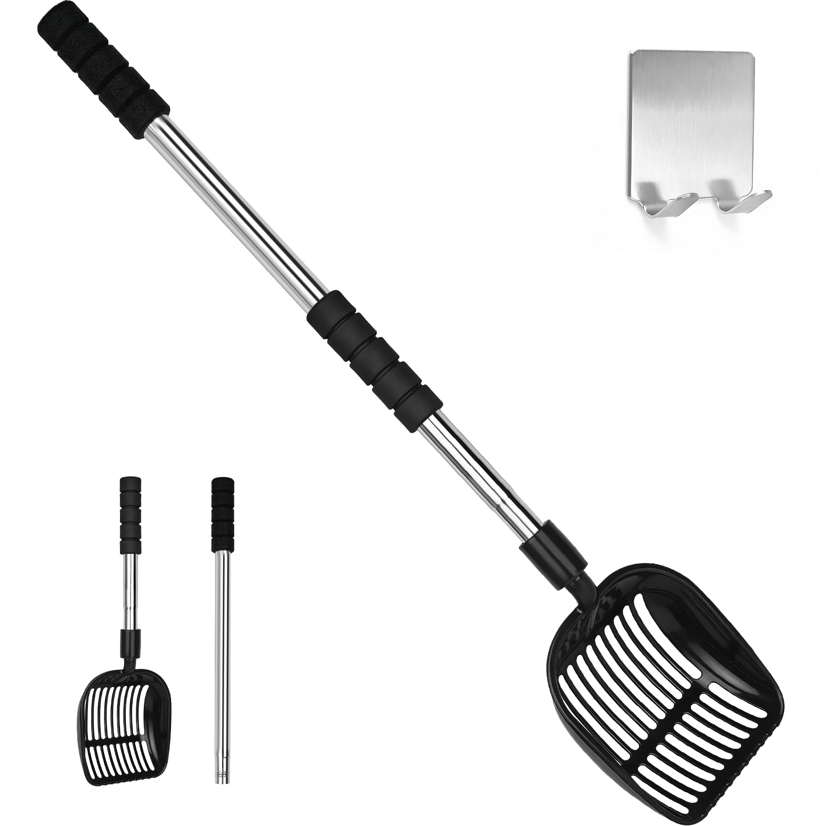 Jiimee Cat Litter Scoop, Metal Litter Scooper with Detachable Long Handle, Cat Litter Sifter with Deep Shovel, Wide Slits for Easy Cleaning, Large Cat Poop Scooper Includes Hook