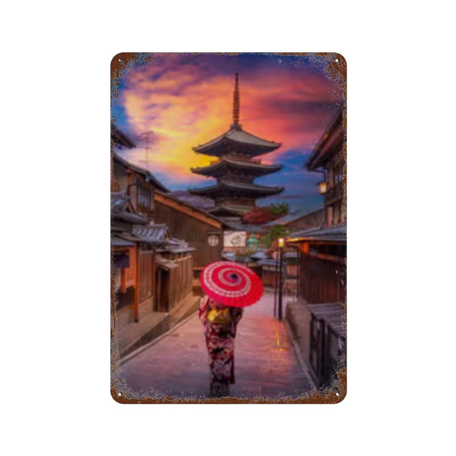 Japanese Woman with Umbrella 11.8"x7.9" Distressed Metal Wall Sign, Retro Wall Decor for Garage, Bar And Workshop Decor