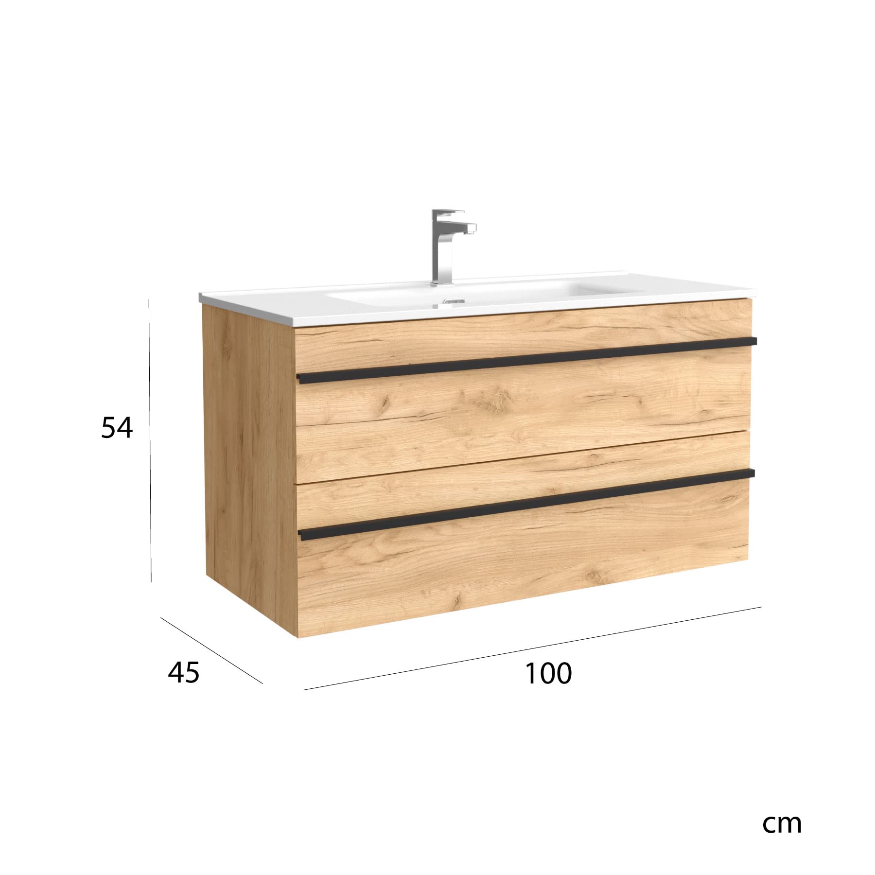 Salgar Mueble de baño Born 100 cm 100% montado de fábrica Acabado Roble suspendido 2 cajones Cierre amortiguado Apertura Tirador Perfil Lavabo Porcelana Blanca Marca, 97957