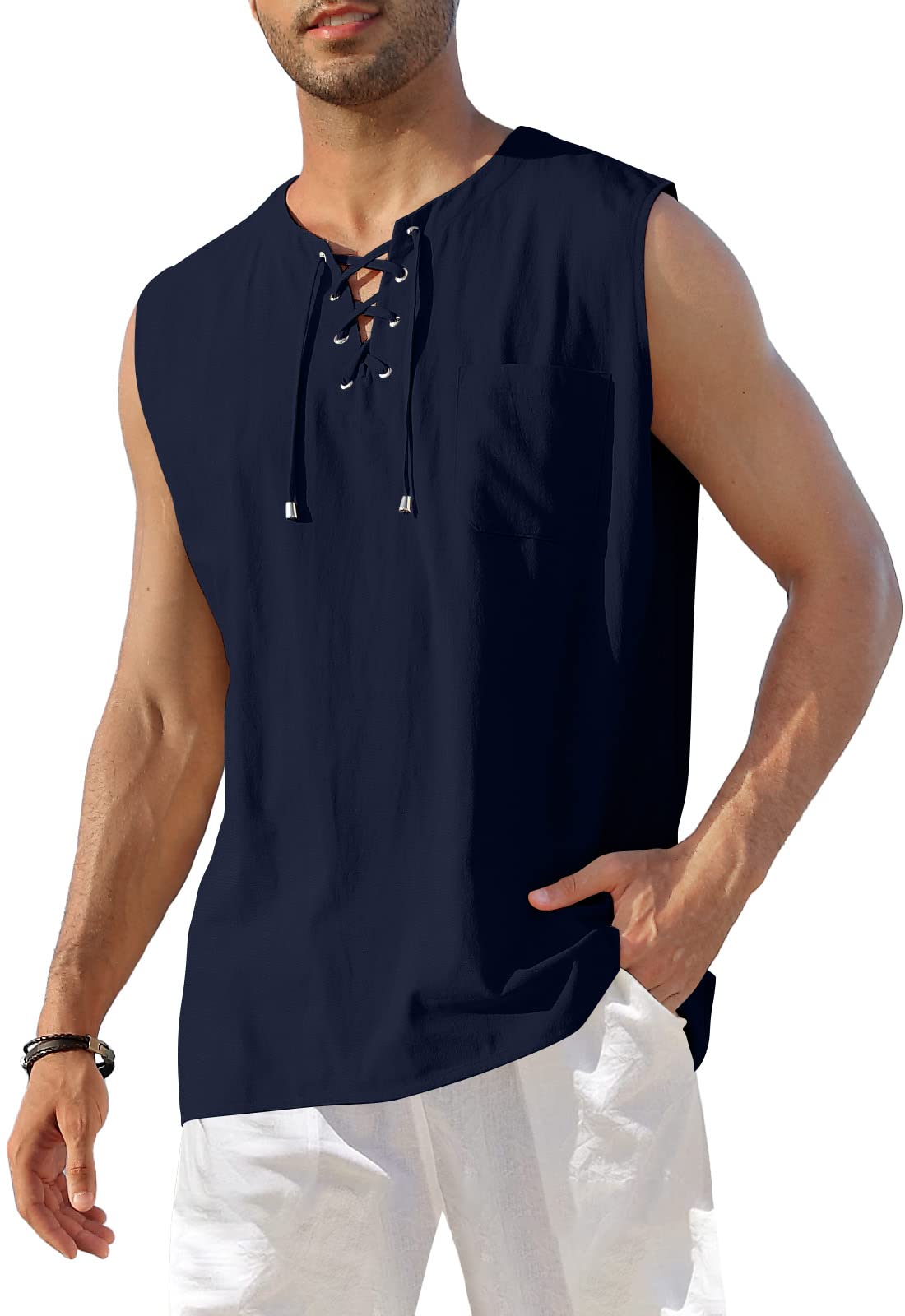 KUYIGO Gilet En Coton Et Lin Pour Homme Sans Manches Henley à Lacets - Chemise Décontractée Plage Hippie