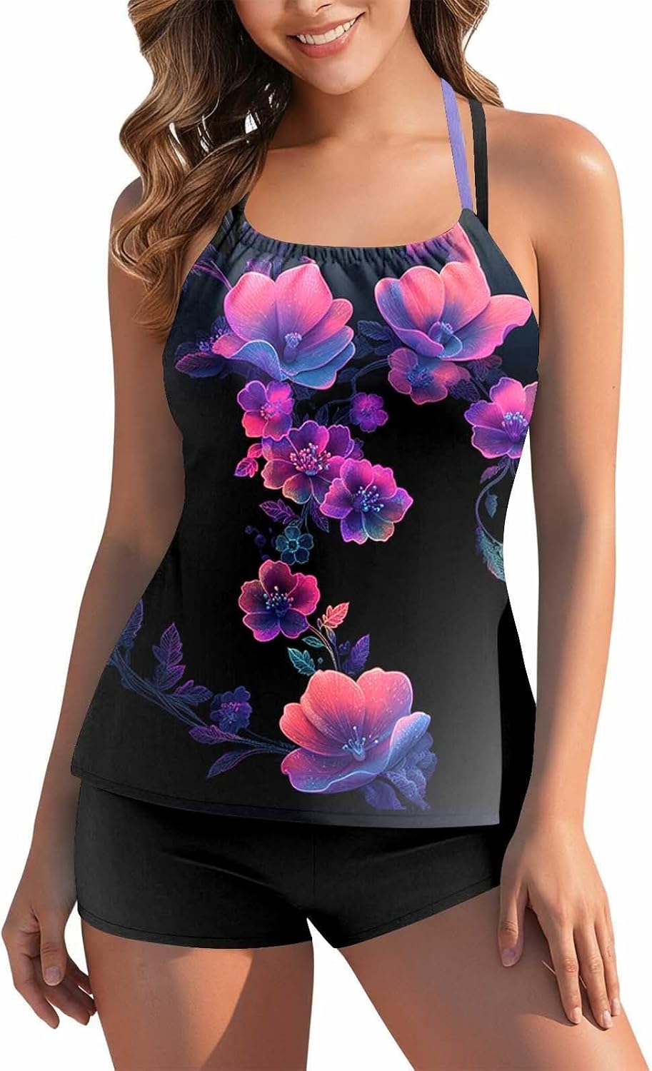 Floral Blouson Tankini Swimsuits for Women 2026 Two Piece Tummy Control Bathing Suit with Shorts Modest Swimwear