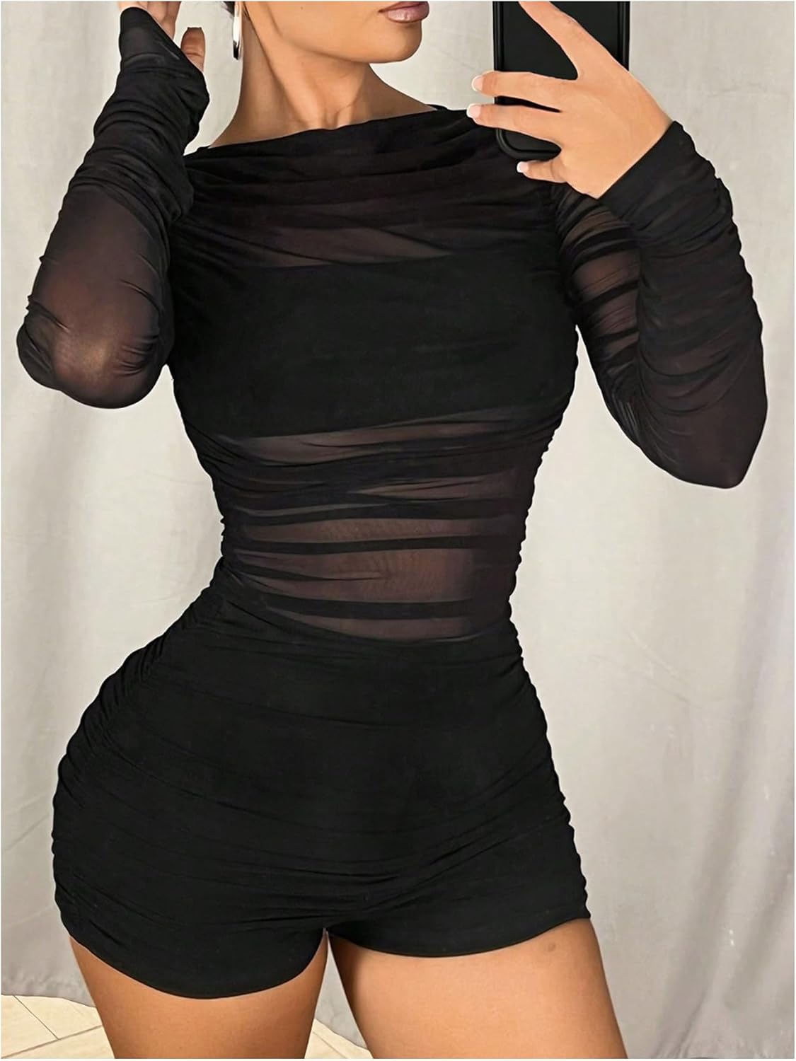 SweatyRocks Women's Sheer Mesh Long Sleeve Slim Fit Sexy Ruched Shirt Romper Shorts Bodysuit - Image 4