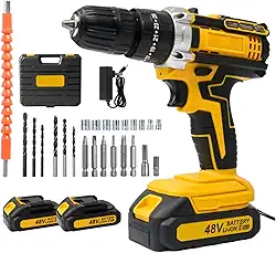 Parafusadeira e Furadeira à Bateria 48V com 2 Baterias e Carregador, 2 Velocidades Variáveis, Luzes LED, Kit de 28 Acessórios e Maleta, Conjunto Completo para Perfuração e Parafusamento