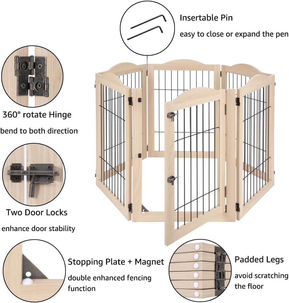 unipaws 132" Extra Wide Dog Gate and Pet Playpen, Free Standing Tall Fence with Walk Through Door, Barriers for Home, Use as Indoor Dogs Cats Pen, Rabbit Pen, Nature