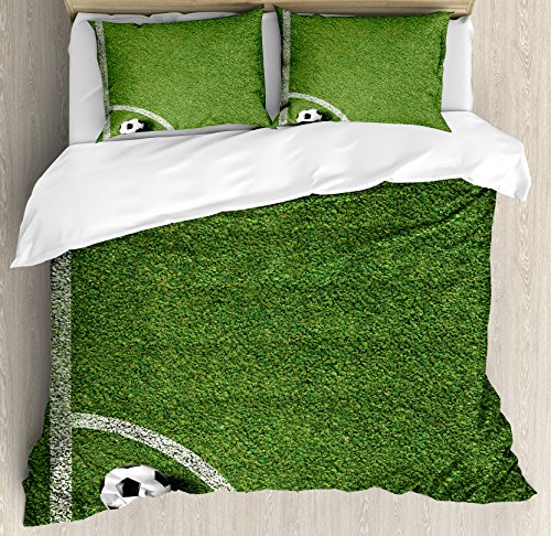 Ambesonne Sports Duvet Cover Set, Soccer Ball Corner Kick Position Football Field top View Grass Lawn Terrain, Decorative 3 Piece Bedding Set with 2 Pillow Shams, Queen Size, Green White