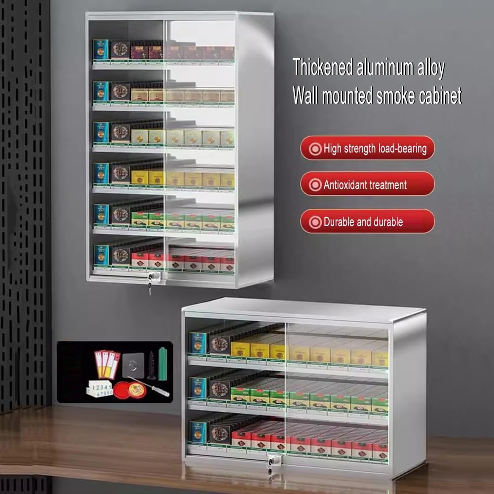 Wall-Mounted Cigarette Display Rack with Lock - Secure Sliding Door Case for 5/10 Packs - Retail Showcase for Enhanced Visibility & Security in Stores