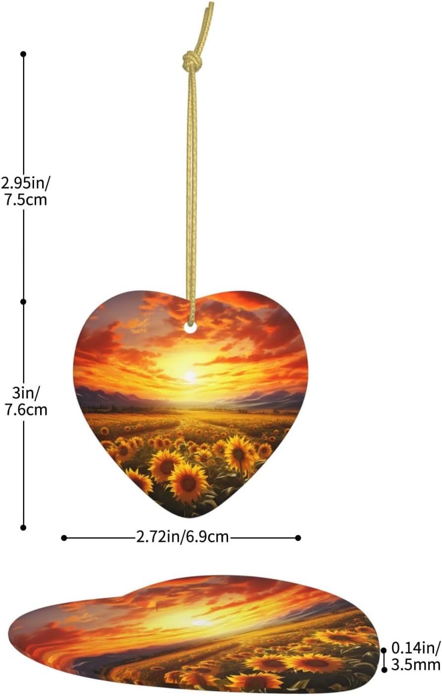 Ceramic Christmas Ornaments Heart Shaped Xmas Hanging Ornament Double-Sided Dreamlike Sunset of A Sunflower Field Print Christmas Tree Pendants for Fireplace Party Holiday Wedding Xmas Decoration