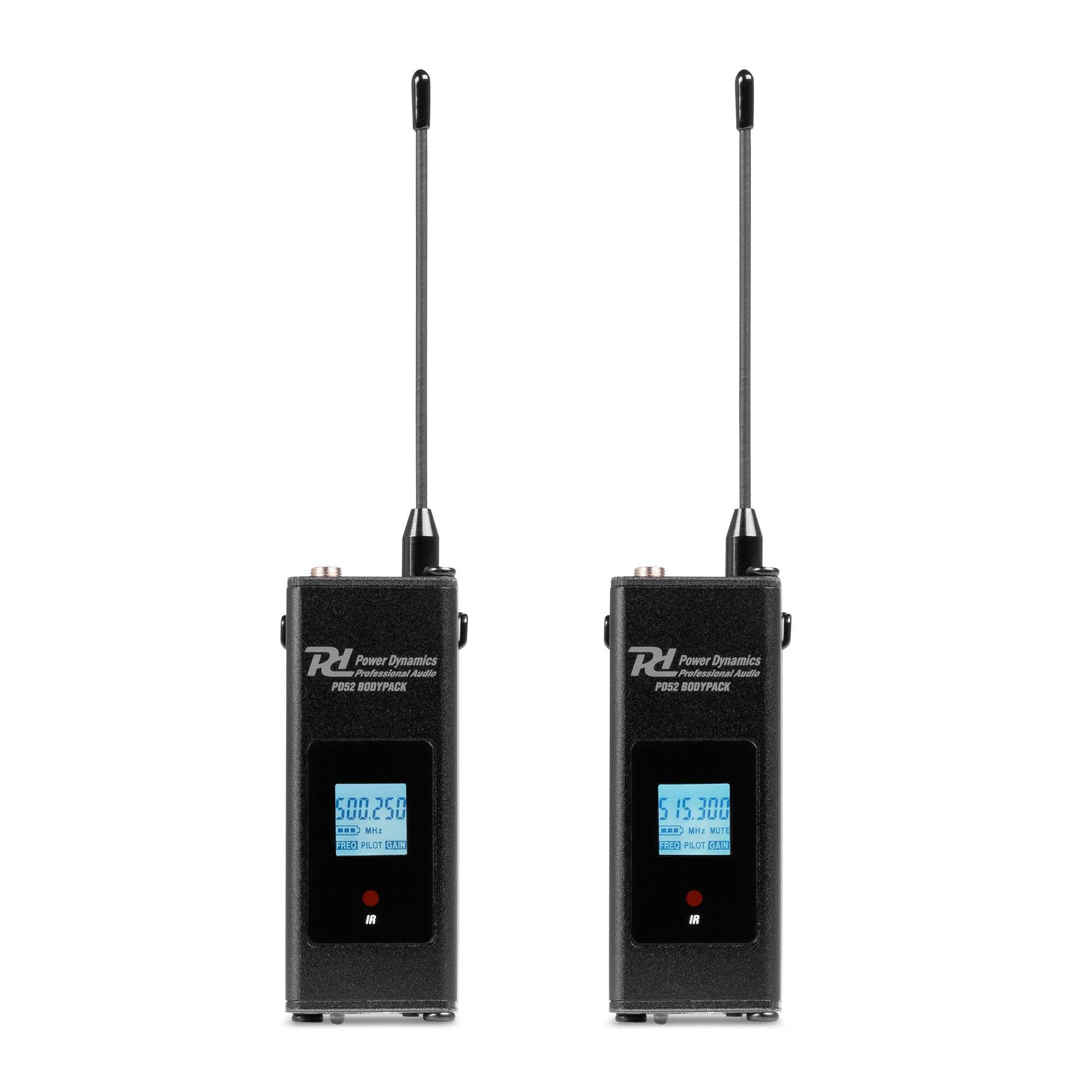 Power Dynamics PD522B - Sistema microfonía UHF Profesional con 2 petacas, Diadema y Solapa, 100 Canales, Receptor con Salida XLR, baterías Recargables, Montaje en Rack, sin Licencia