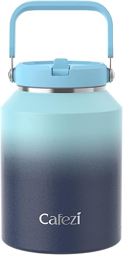 Cafezi Botella de agua de acero inoxidable de 64 onzas con popote abatible y asa superior, a prueba de fugas, sin sudor, helada durante 34 horas,
