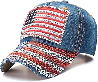 Gamusi Unisex USA American Flag Baseball Cap Denim Distressed Rhinestone Hat for Adults (USA Flag)