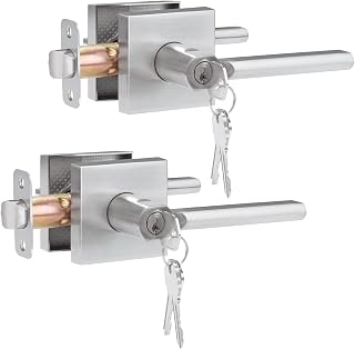HOSOM 2 Pack Exterior Door Handle, Entry Door Handle with Lock and Key, Commercial and Residential Area, Interior Modern Entrance Doors Lever Heavy Duty Front Door Lock, Satin Nickel