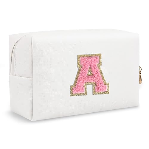 Bolsa de maquillaje personalizada con inicial A-Z, pequeña bolsa de cosméticos de viaje de piel sintética con cremallera, bonita bolsa de aseo