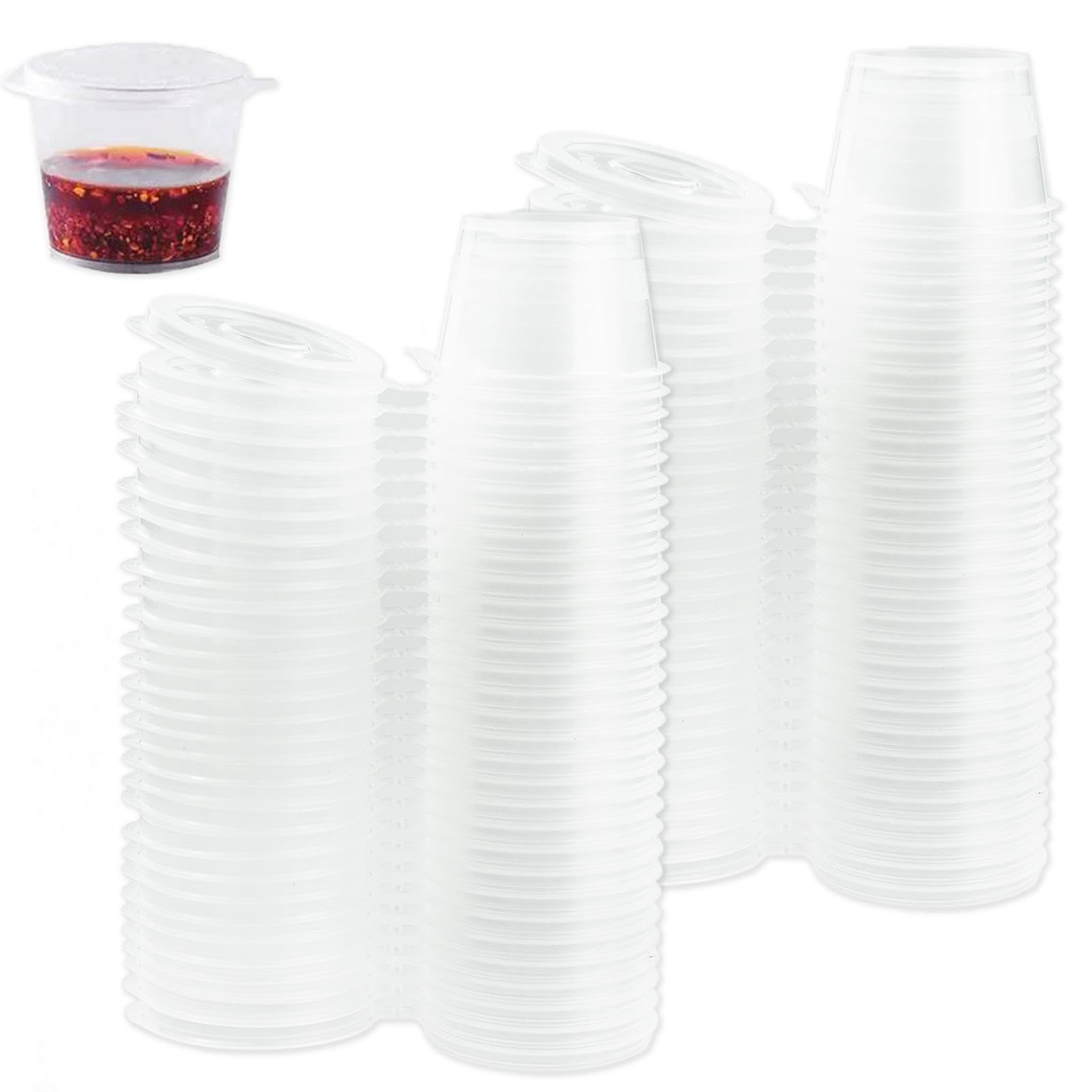 RESTALLADNWEST 100 Pcs Small Plastic Pots with Lids, Reusable Mini Takeaway Pots for Deli, Portion Control, Jelly Shots, Sauce Cups, Condiments, Meal Prep (1oz)