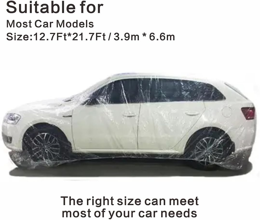 Clear Plastic Car Cover, 4 Pack Universal 12.5 x 21.7ft Disposable Full Car Cover with Elastic Band for Sedan Outdoor Snow Rain Dust Weather