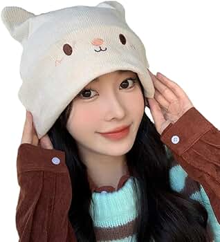 Cute Beanie Hat with Cat Face Ears Y2K Kawaii Winter Warm