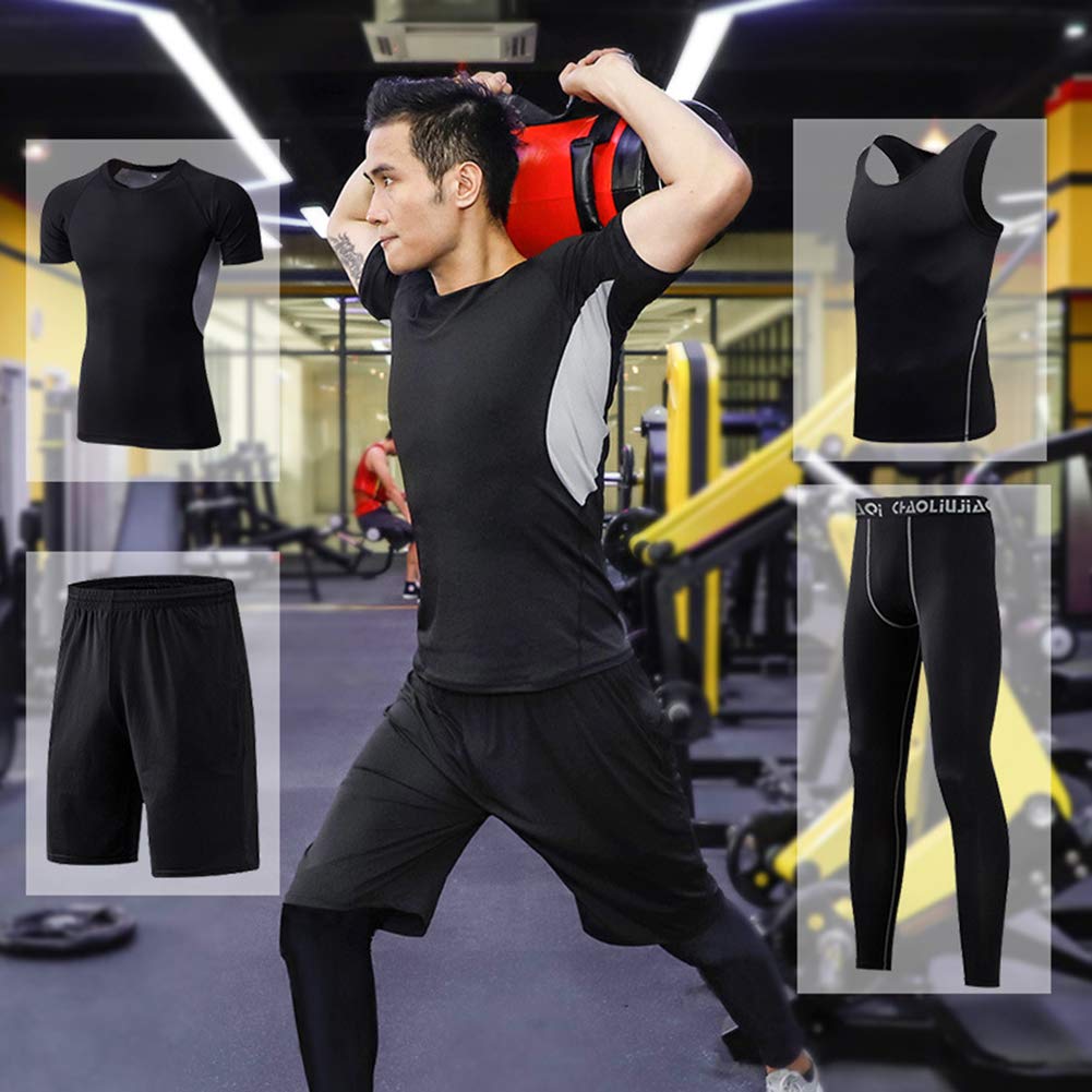 Modna odzież do fitnessu, męska, szybkoschnąca odzież do koszykówki, fitnessu, z krótkim rękawem, kamizelka, rajstopy treningowe, strój do biegania, elegancki zestaw, 5, XXL