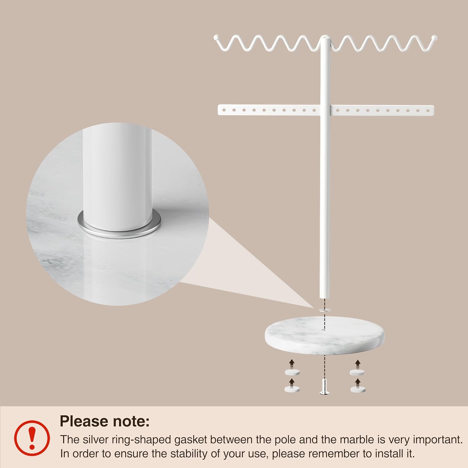 Jewelry Stand Necklace Holder, White Metal Jewelry Organizer with Wavy Necklace and Earring Holder, Marble Base for Stability, Home Decor for Bedroom or Vanity - Image 9