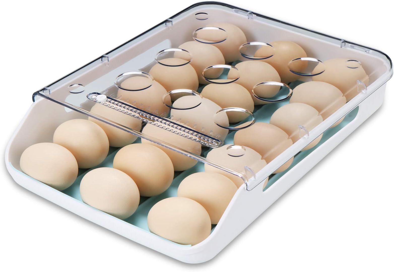 O9 O-Nine Egg Holder Auto Scrolling Down for Refrigerator, Smart Stackable Antislip Deviled Egg Tray Food Container with Lid and Handle,Clear Plastic 21 Eggs (Blue Groove)