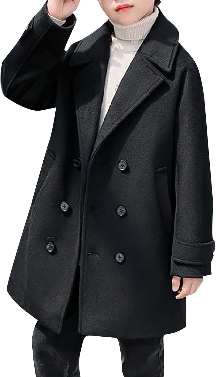 Girls' Dress Coat Double Breasted Peacoat Boys Trench Coat Wool Blend Long Winter Coat Kids Thicken Mid Length Ski