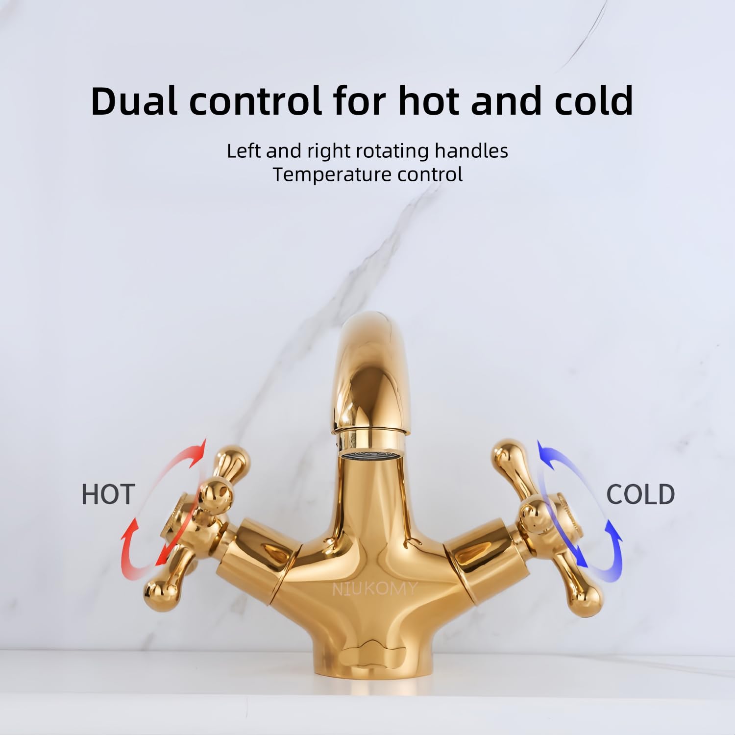 Wasserhahn Armatur Bad Zweigriff Gold | Goldener Waschtischarmatur aus Messing mit Kreuzgriff, Mischbatterie Kalt- und Warmwasser für Badezimmer Waschbecken