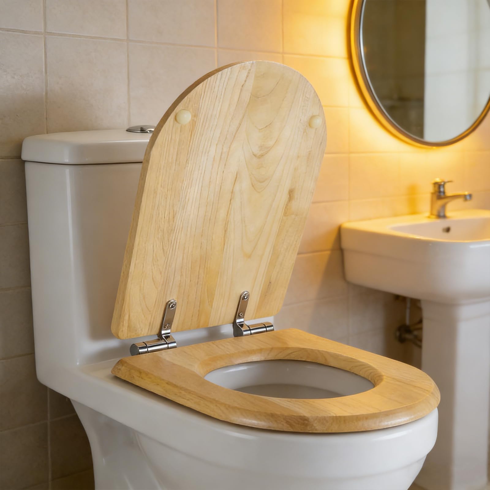 WC-Deckel aus Holz mit Absenkautomatik, D-förmiger WC-Sitz, einfache Montage(Von unten installieren), passend für die meisten WCs, Tragkraft bis 150 kg (Klein)