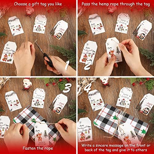 AnyDesign 120Pcs Christmas Tags with 98.4ft Hemp Rope Woodland Creature Paper Tags Animal Seasonal Wishes Hanging Labels for Xmas Winter Holiday New Year Birthday DIY Gift Party Favor Decor