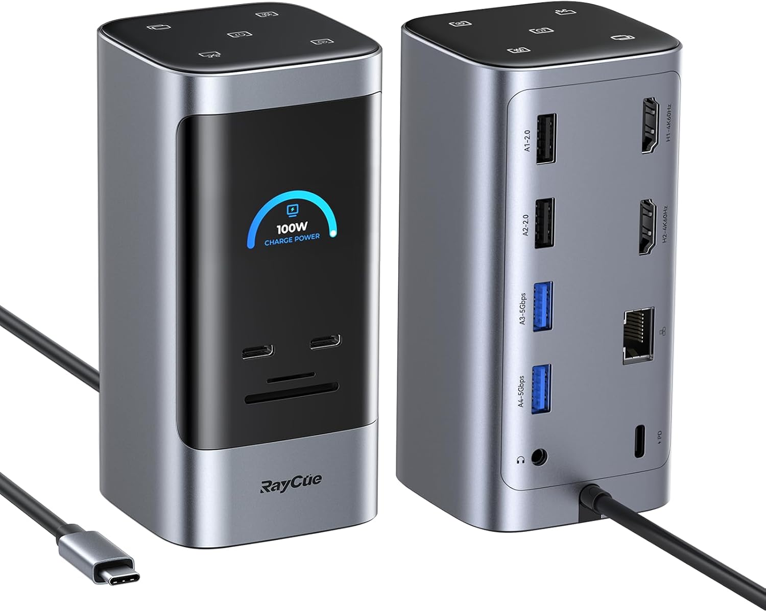 RayCue 14 in 1 Docking Station Dual Monitor, 2 * 4K HDMI, 6 USB Ports, 5 Shortcut Button, 1Gbps Ethernet, PD3.0(No Power Adapter), Laptop Docking Station for Dell/HP/Lenovo/Asus/Acer/Mac