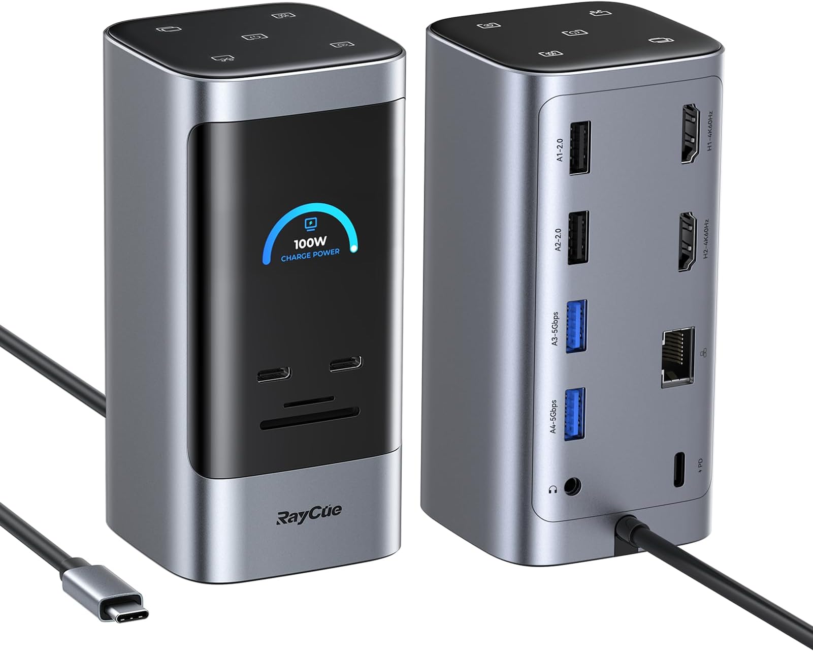 RayCue 14 in 1 Docking Station Dual Monitor, 2 * 4K HDMI, 6 USB Ports, 5 Shortcut Button, 1Gbps Ethernet, PD3.0(No Power Adapter), Laptop Docking Station for Dell/HP/Lenovo/Asus/Acer/Mac