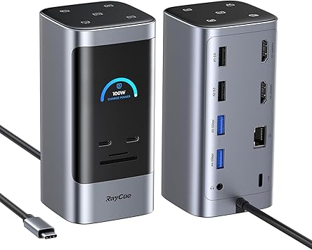 RayCue 14 in 1 Docking Station Dual Monitor, 2 * 4K HDMI, 6 USB Ports, 5 Shortcut Button, 1Gbps Ethernet, PD3.0No Power Adapter, Laptop Docking Station for Dell/HP/Lenovo/Asus/Acer/Mac