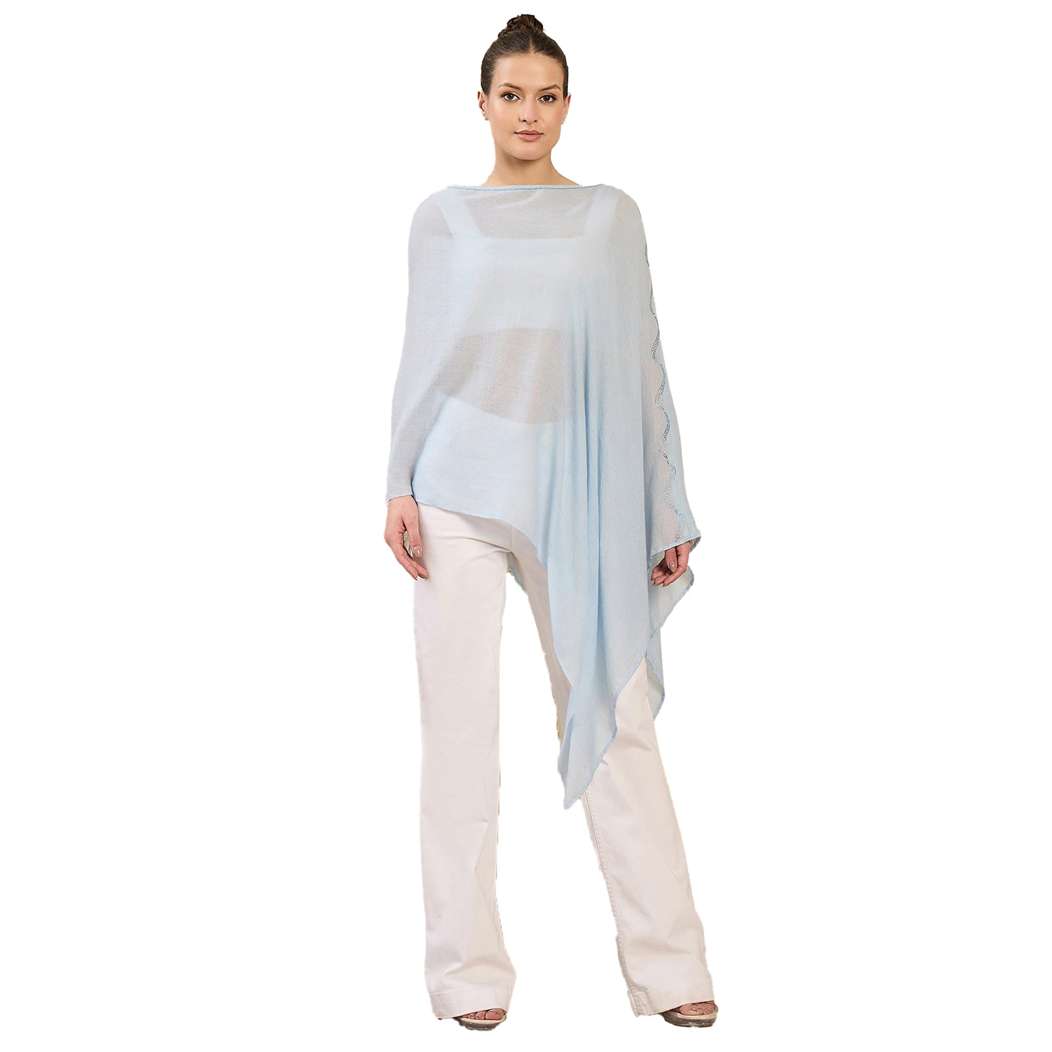 first resort Sky Blue Ombre Asymmetrical Embellished Cashmere Poncho-picture-24