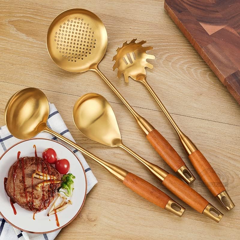Miniatura 5 de Utensilios de cocina dorados, juego de utensilios de cocina de acero inoxidable, 7 piezas, con soporte para utensilios, herramientas de cocina aptas