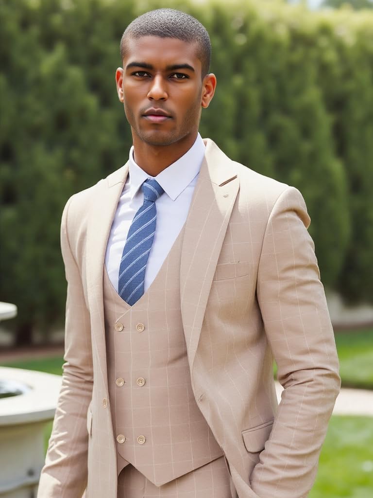 Mens 3 Pieces Plaid Suits Slim Formal Suit Jacket Vest & Pants Sets Prom Wedding Groom Tuxedo Set